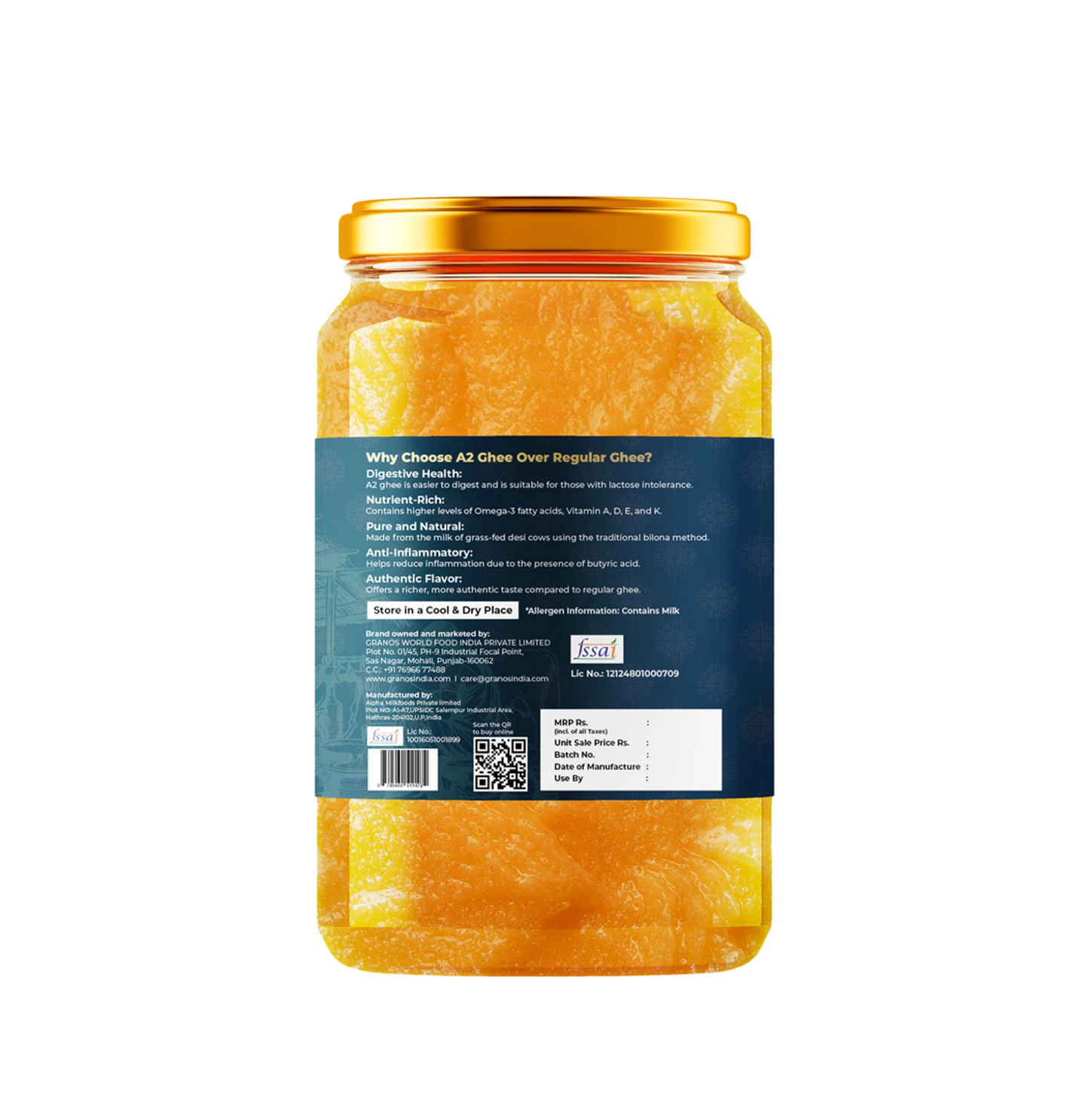 Granos A2 Desi Cow Ghee 500g, Made using Hand-Churned Curd from Grass-Fed Cow A2 Milk