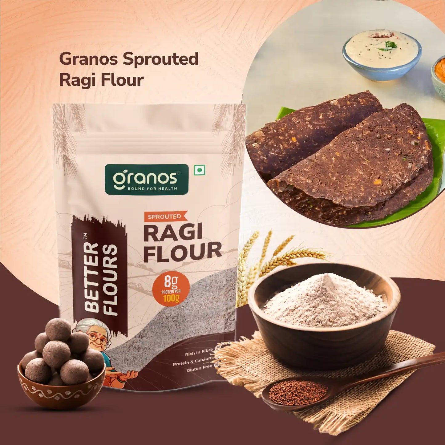 Granos Sprouted Ragi Flour 1kg | Finger Millet - Nachni Atta | Gluten-Free, Rich in Calcium