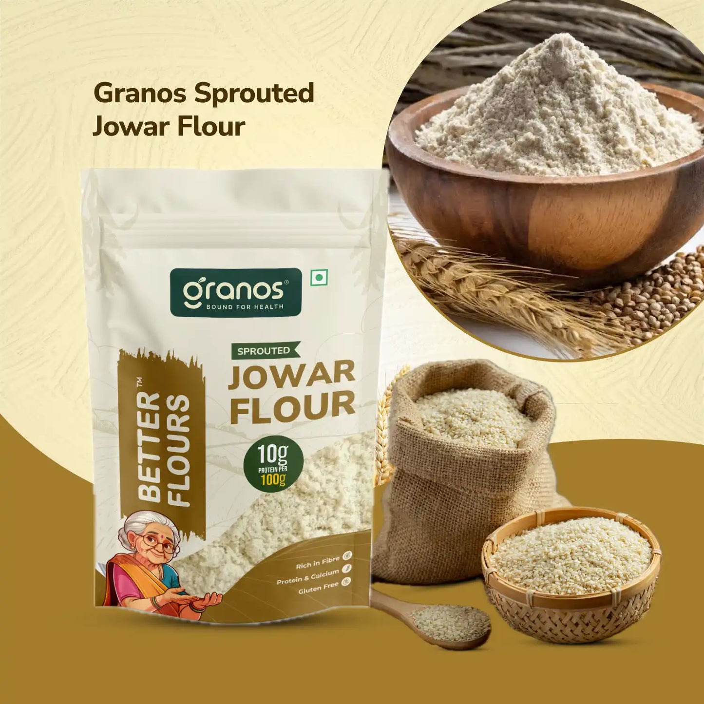 Granos Sprouted Jowar Flour 1kg | Gluten-Free, High Fibre Millet Atta