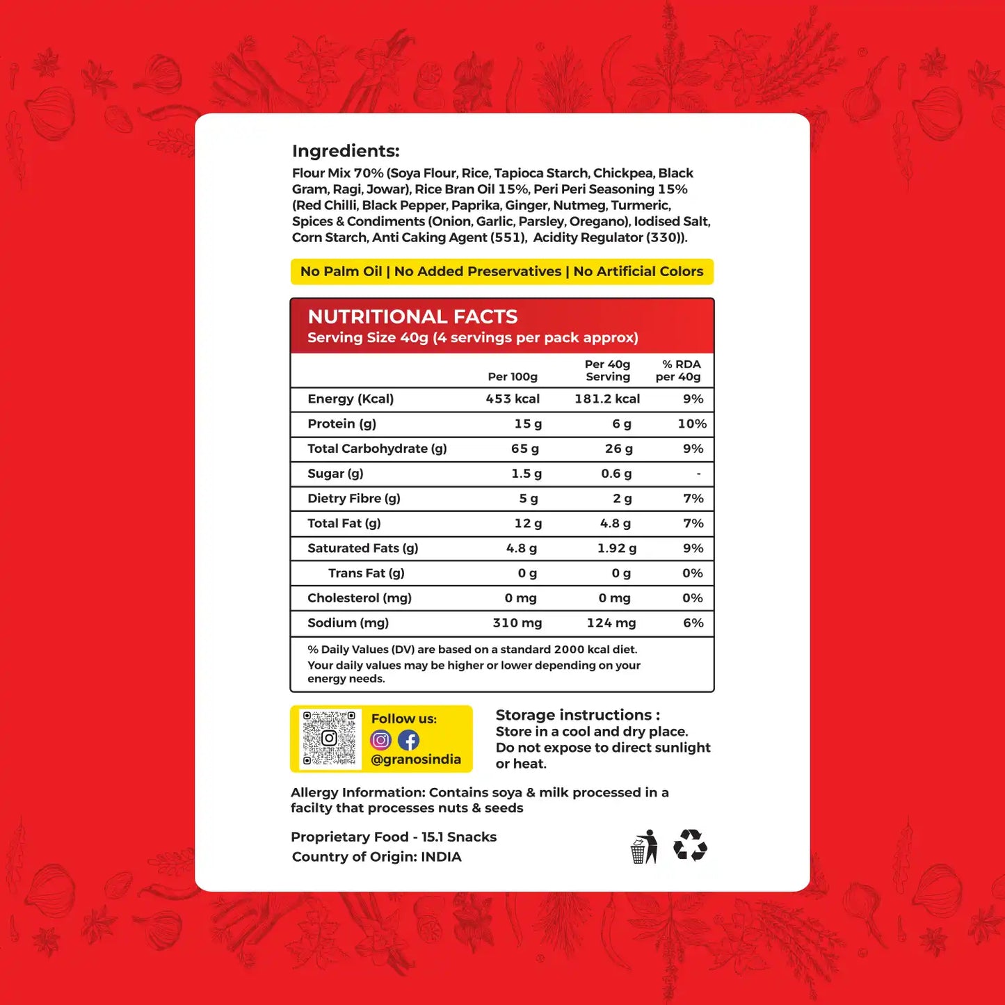 Granos Baked Soya Sticks 150g Peri Peri