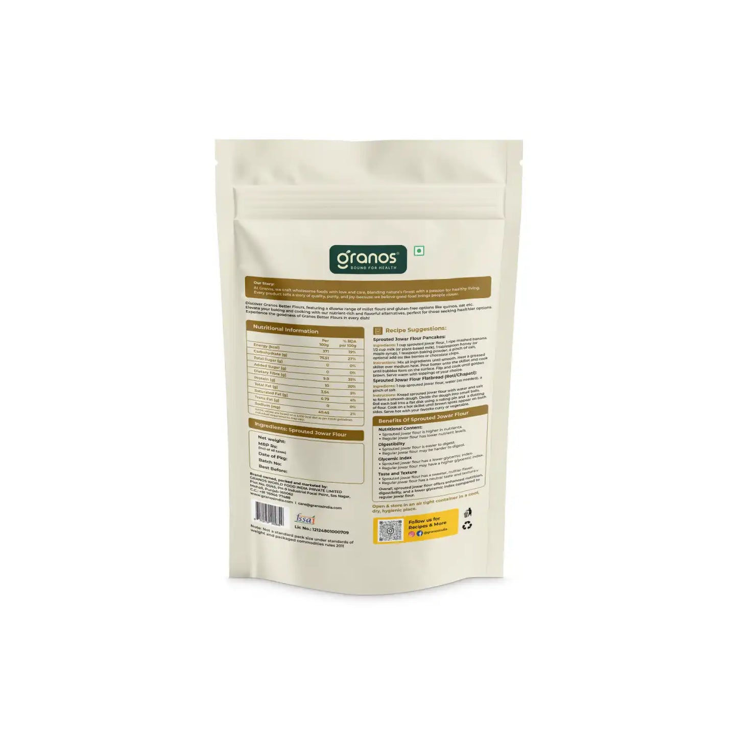 Granos Sprouted Jowar Flour 1kg | Gluten-Free, High Fibre Millet Atta