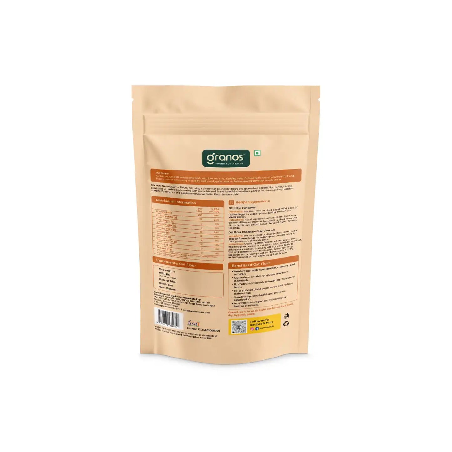 Granos Oat Flour 1kg | High Fibre & Protein, Ideal for Weight Loss & Baking