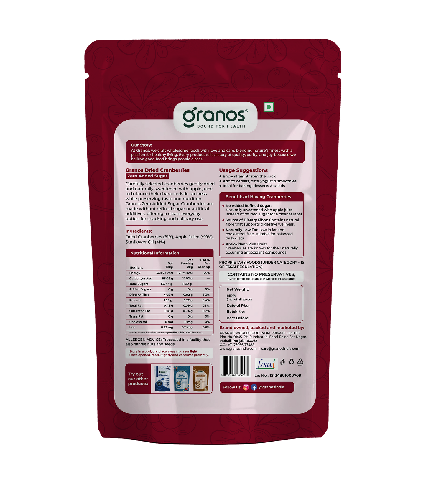 Granos Zero Added Sugar Dried Cranberries 200g | Naturally Sweetened with Apple Juice