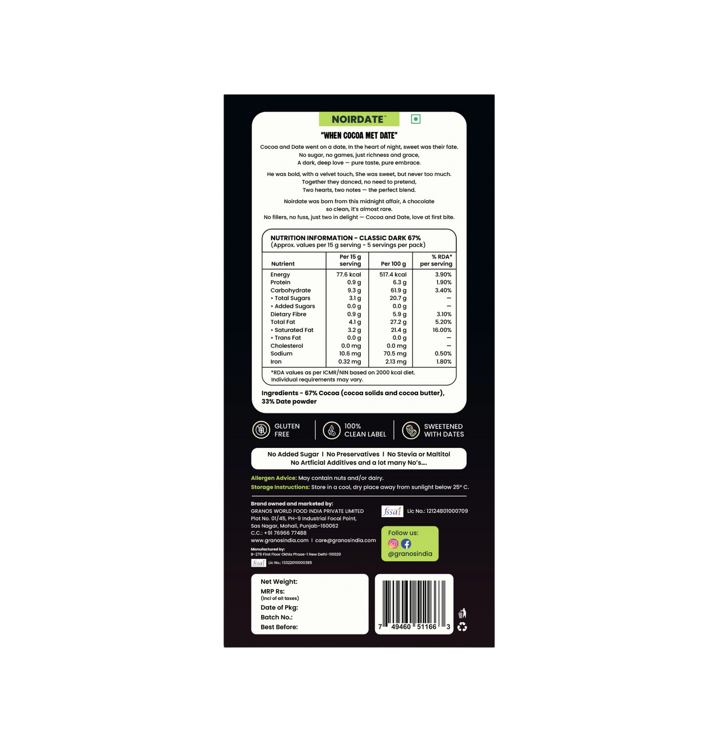 Noir Date Classic 67% Dark Chocolate