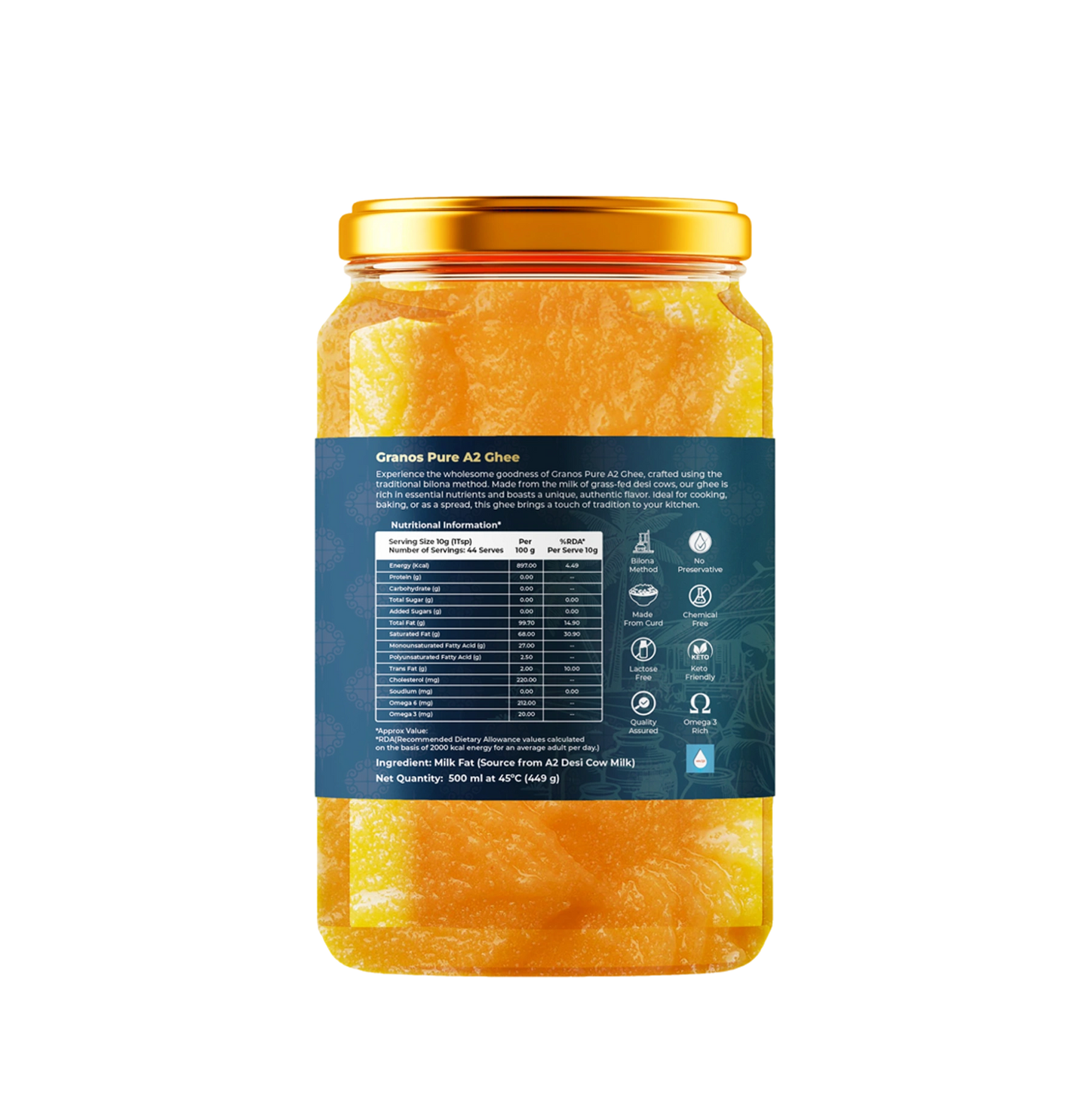 Granos A2 Desi Cow Ghee 500g, Made using Hand-Churned Curd from Grass-Fed Cow A2 Milk