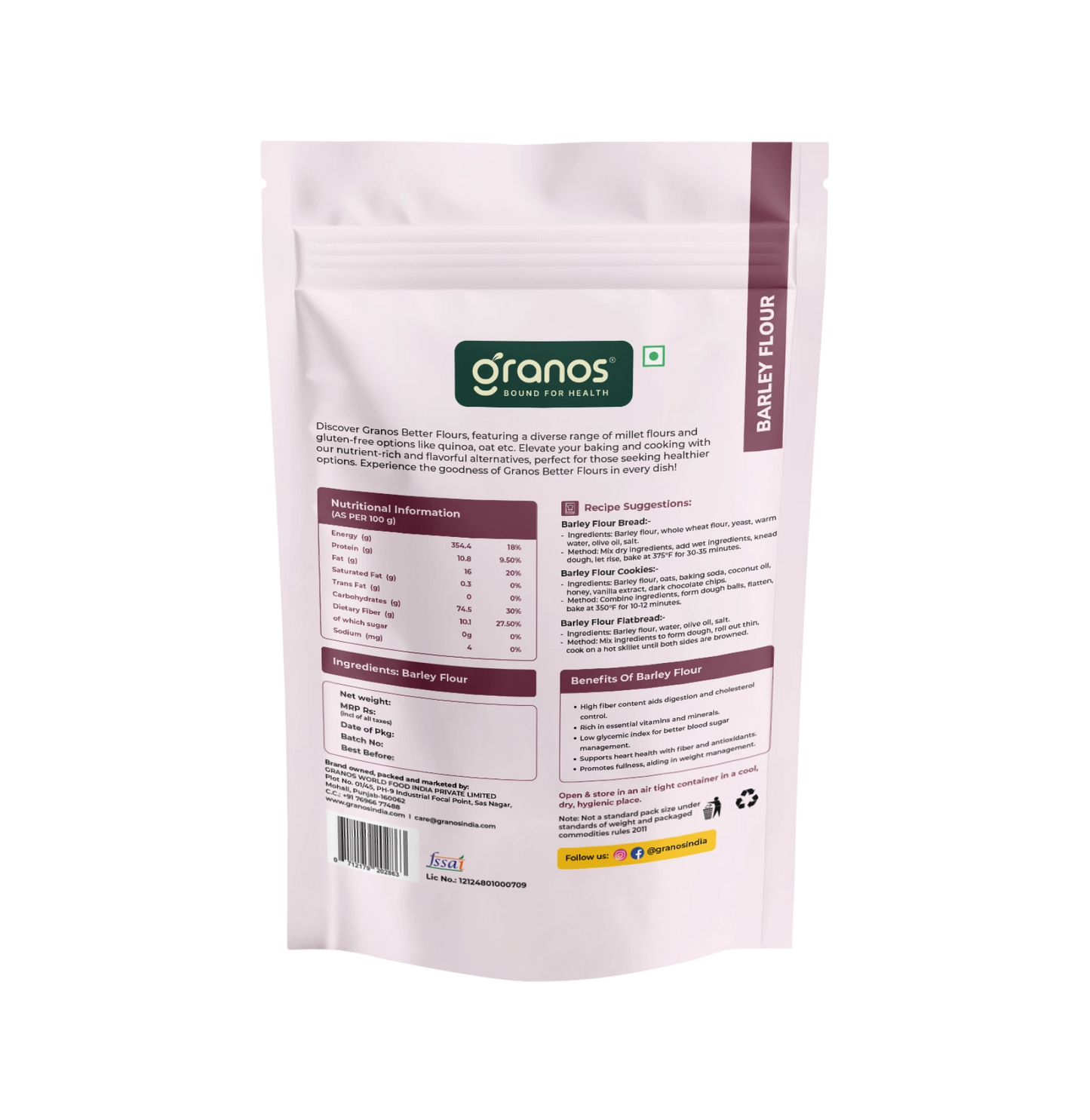 Granos Barley Flour 1kg (Jau Ka Atta) | Rich in Fiber, Low GI, Diabetic Friendly