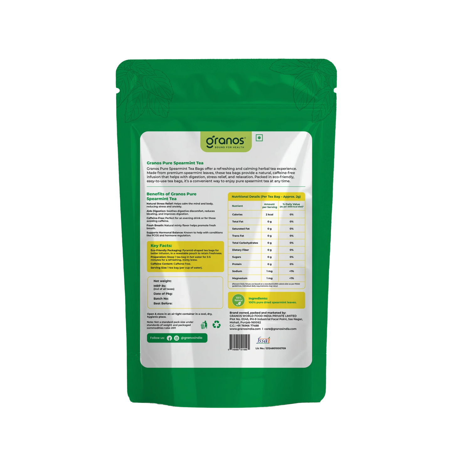 Granos Pure Spearmint Tea - 25 Tea Bags