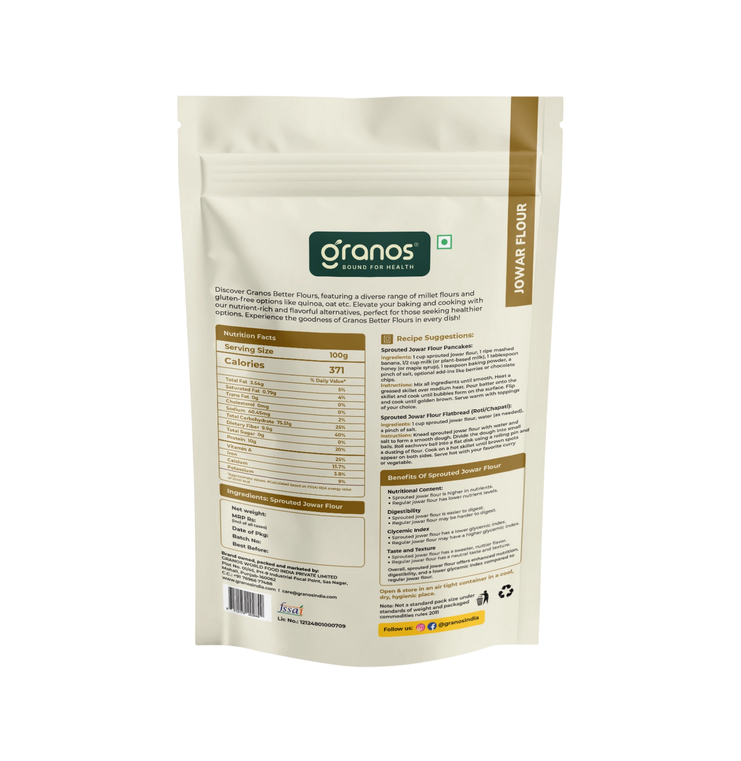 Granos Sprouted Jowar Flour 1kg | Gluten-Free, High Fibre Millet Atta