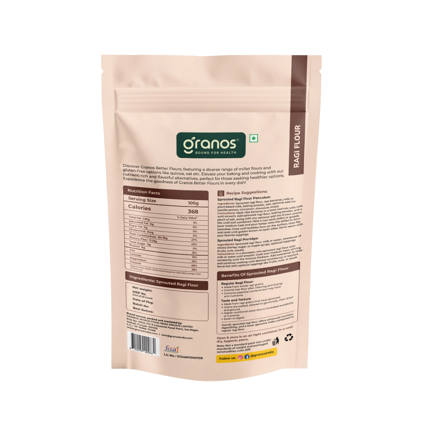 Granos Sprouted Ragi Flour 1kg | Finger Millet - Nachni Atta | Gluten-Free, Rich in Calcium