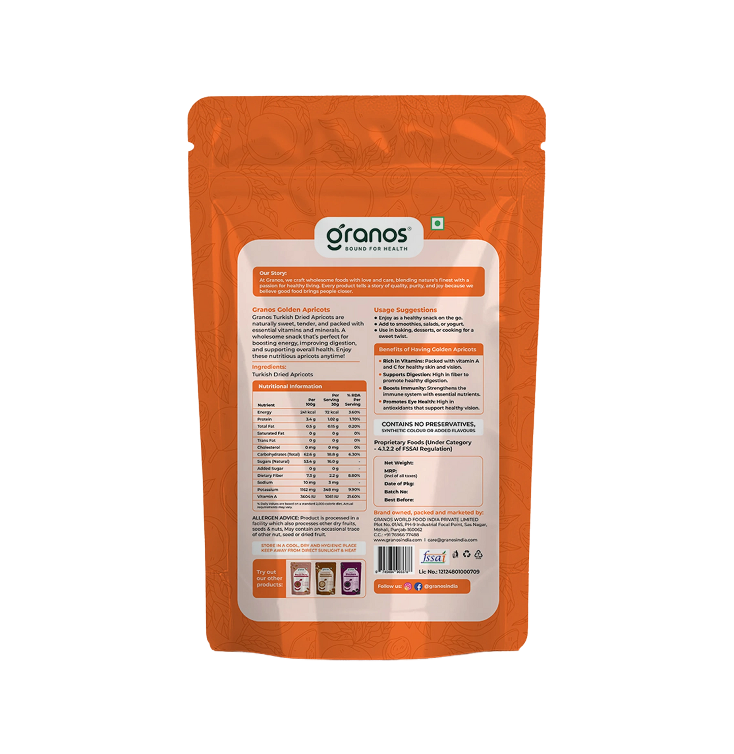 Granos Golden Apricots 200g | Juicy And Tangy Seedless Khumani
