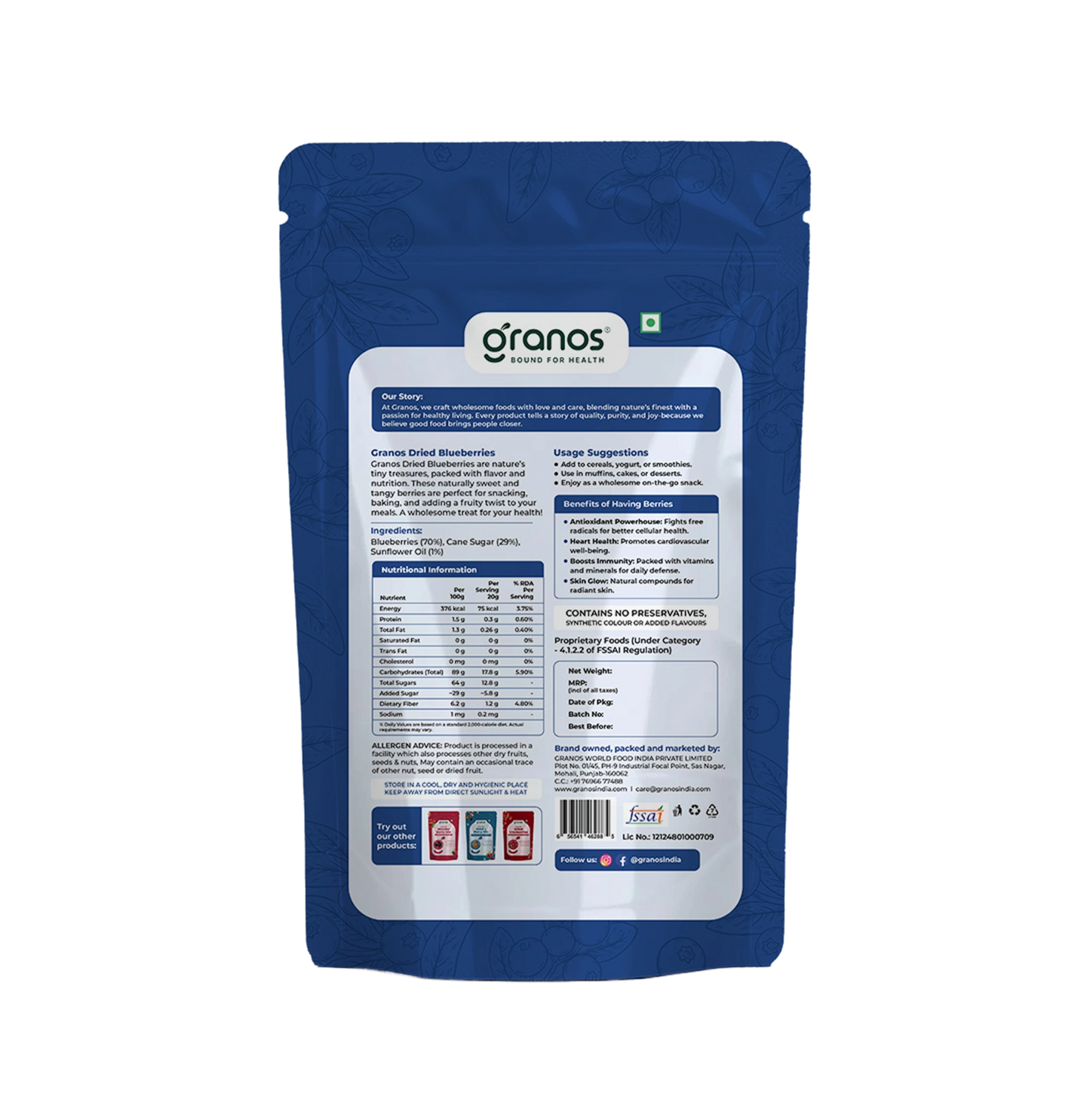 Granos Exotic Dried Blueberries 150g