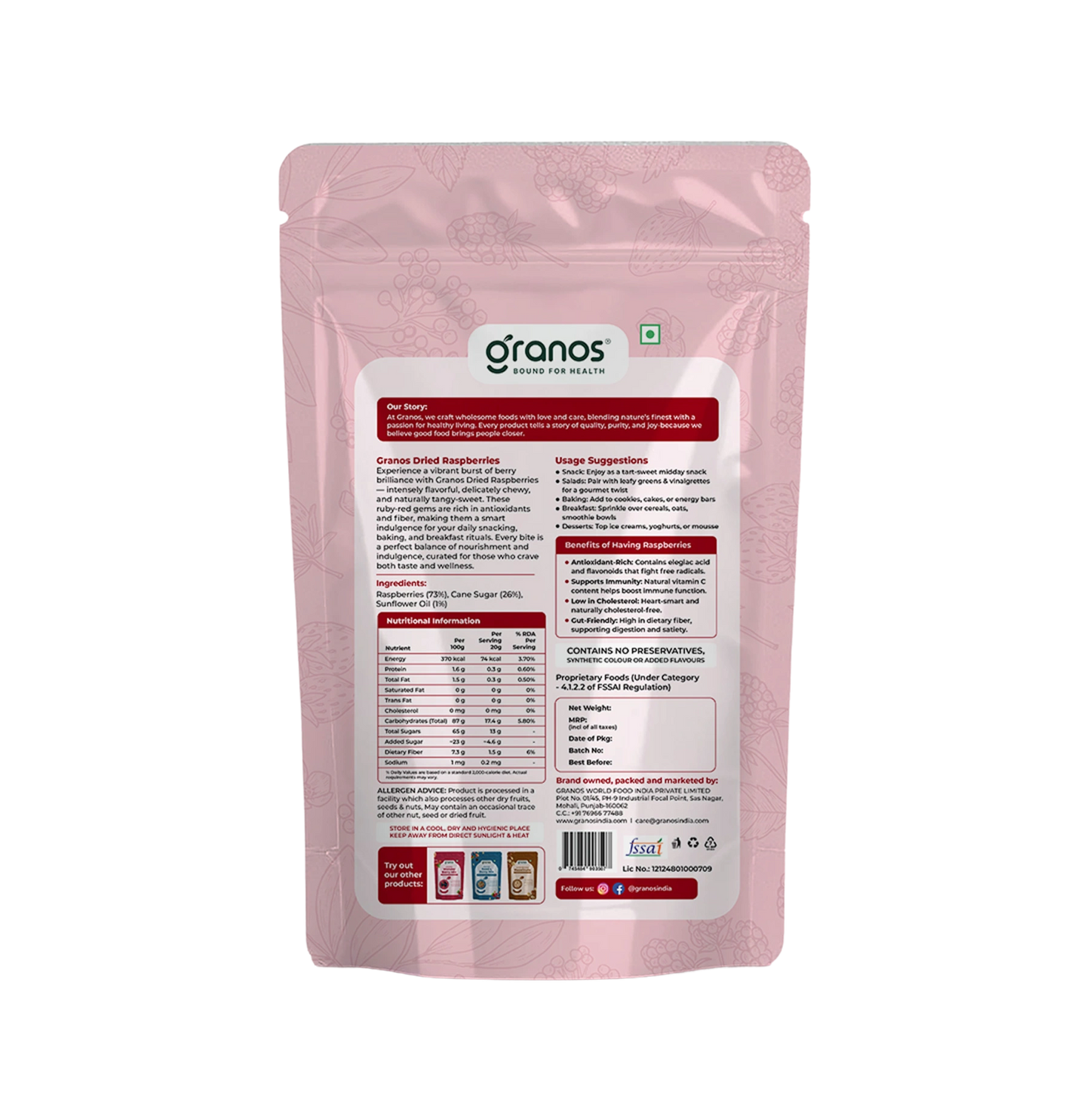 Granos Exotic Dried Raspberries 150g