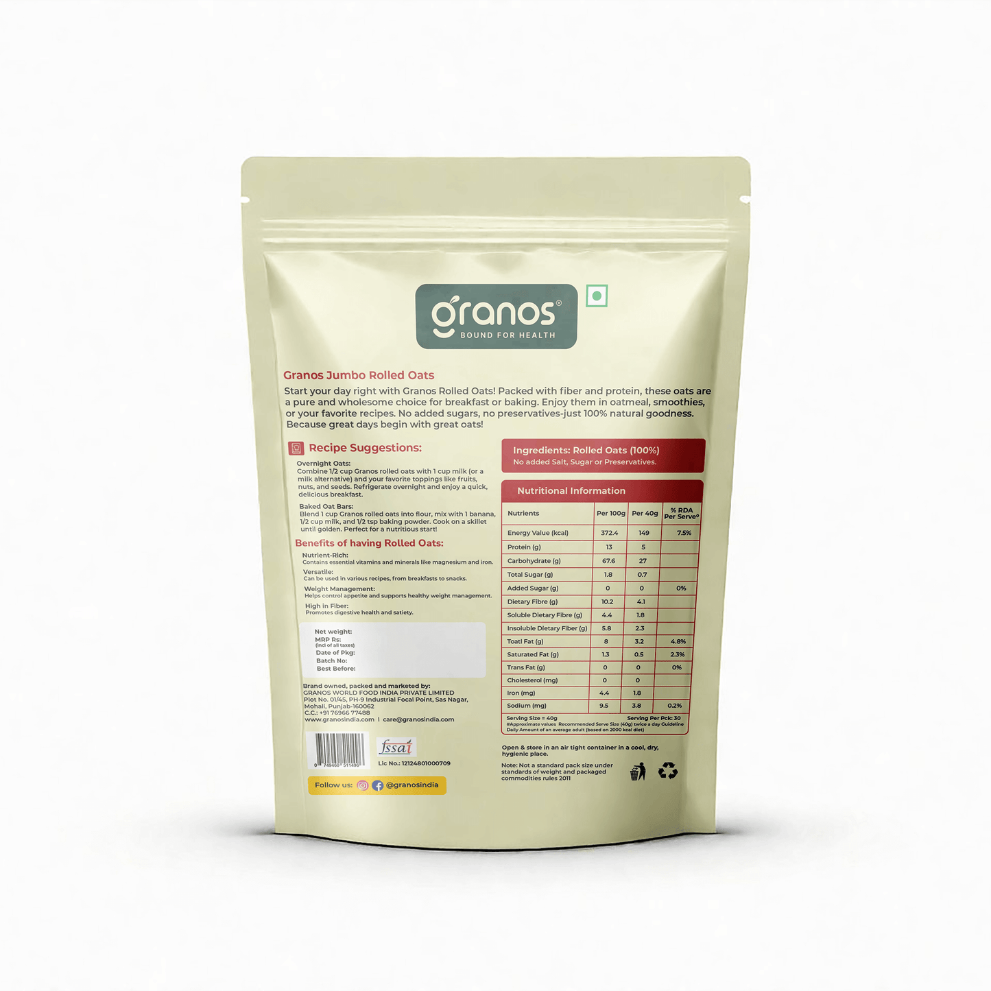 Granos Jumbo Rolled Oats 1kg | High Protein & Fiber