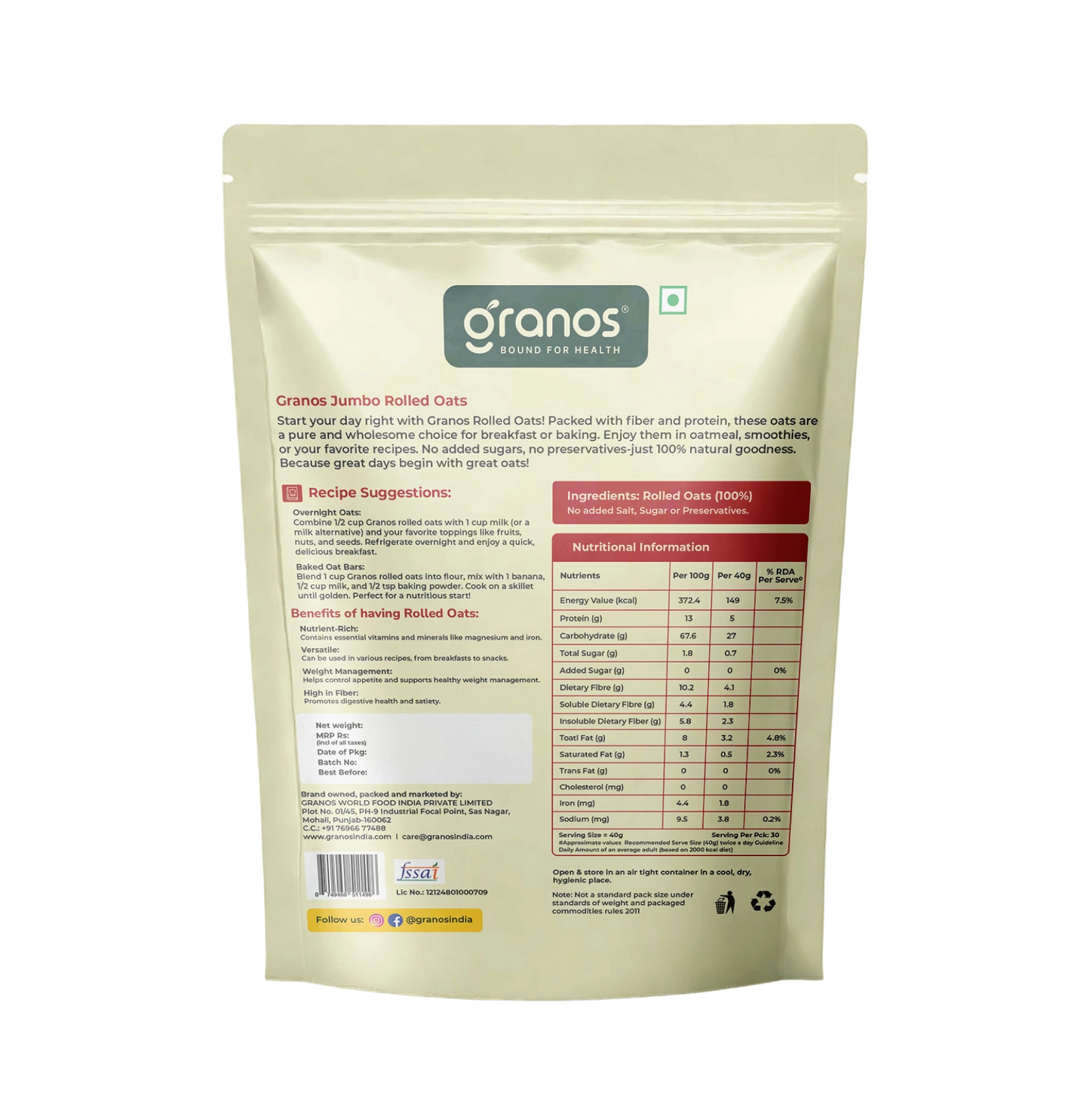 Granos Jumbo Rolled Oats 1kg | High Protein & Fiber