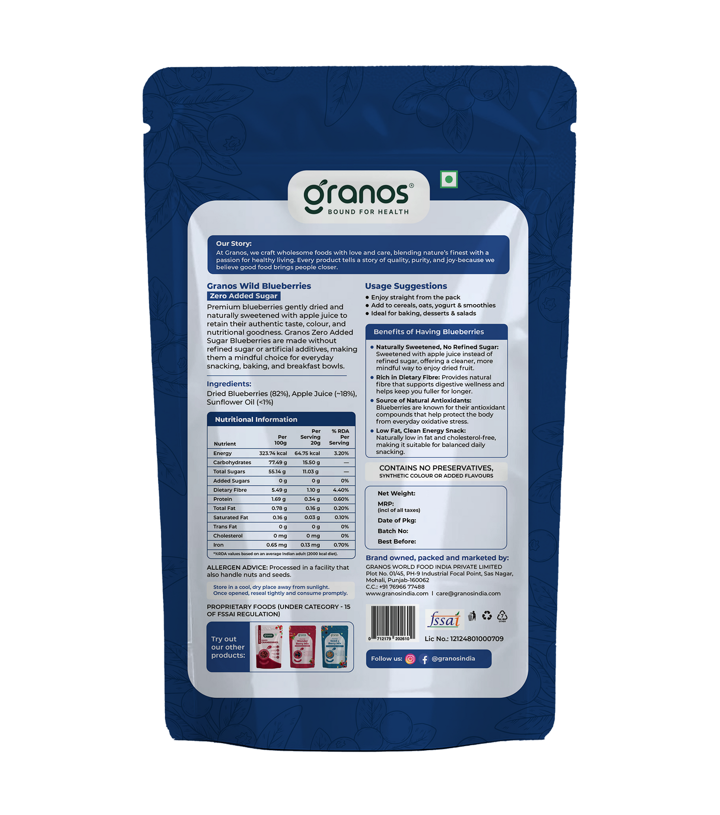 Granos Zero Added Sugar Dried Blueberries 150g | Naturally Sweetened with Apple Juice