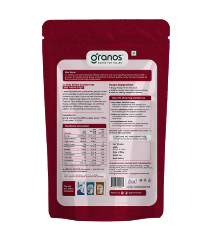 Granos Zero Added Sugar Dried Cranberries 200g | Naturally Sweetened with Apple Juice