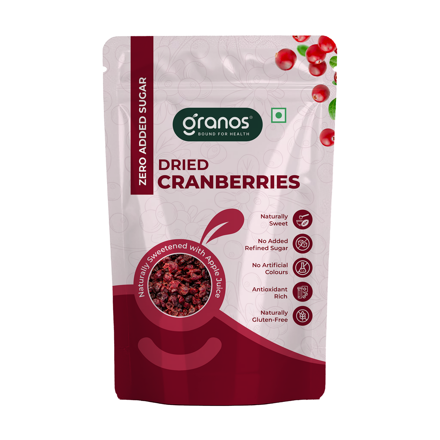 Granos Zero Added Sugar Dried Cranberries 200g | Naturally Sweetened with Apple Juice